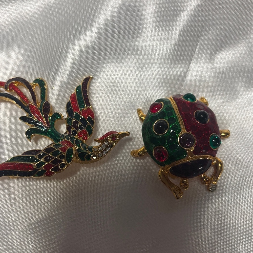 Colorful Enamel Bird and Ladybug Brooch Set